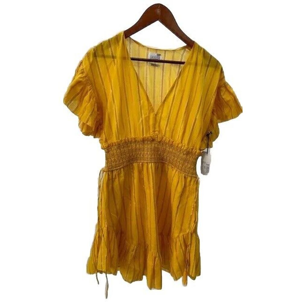 Saylor Adrienne Mini Dress Ruffle Short Sleeves Yarn Dye Stripe Yellow S NWT